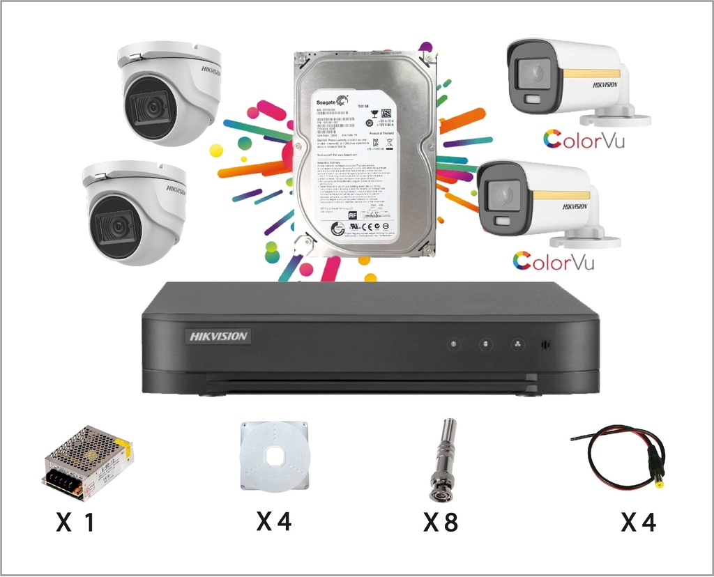 Kit Caméra De Surveillance HIKVISION à 4 Caméras 2 Dôme et 2 Tube Color Vu HD 2MP