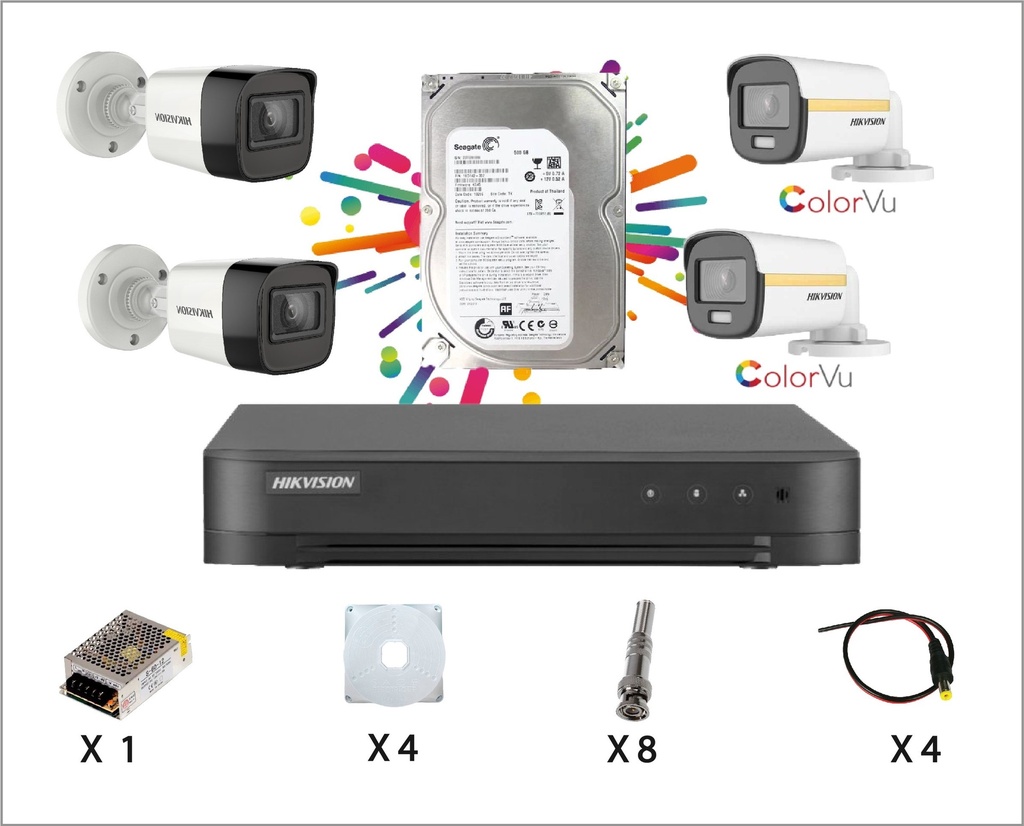 Kit Caméra De Surveillance HIKVISION à 4 Caméras 2 Tube et 2 Tube Color Vu HD 2MP