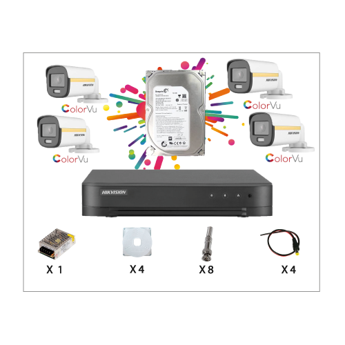 Kit Caméra De Surveillance HIKVISION à 4 Caméras Tube Color Vu HD 2MP