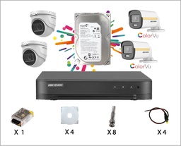 [KIT-HIK-2D2TCV] Kit Caméra De Surveillance HIKVISION à 4 Caméras 2 Dôme et 2 Tube Color Vu HD 2MP